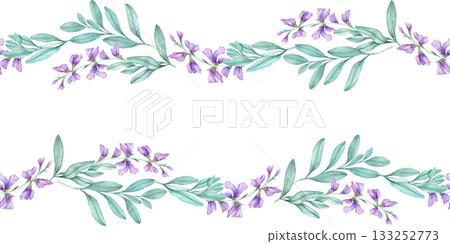 Violet sage blossoms and teal leaves seamless floral border, watercolor illustration, hand drawn. Perfect for wedding stationery, labels, packaging, fabric design, and decorative paper products. Violet sage blossoms and teal leaves seamless floral border, watercolor illustration, hand drawn. Perfect for wedding stationery, labels, packaging, fabric design, and decorative paper products. 133252773