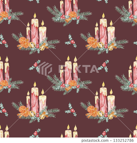 Dark red Christmas pattern with candles, pine needles, and oranges, watercolor clipart. Ideal for wrapping paper, packaging, fabric, or printable festive backgrounds. 133252786