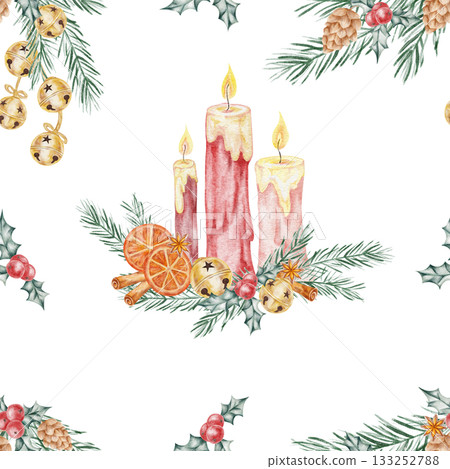 Seamless watercolor illustration of red candles, pine branches, and oranges, hand drawn. Perfect for festive packaging, holiday fabric, paper goods, or stationery design. Seamless watercolor illustration of red candles, pine branches, and oranges, hand drawn. Perfect for festive packaging, holiday fabric, paper goods, or stationery design. 133252788