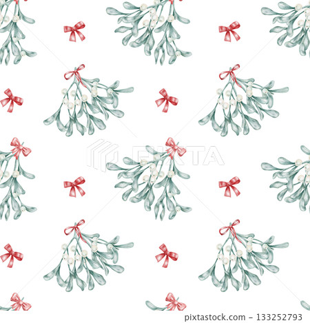 Watercolor illustration with soft mistletoe and red ribbons repeating, hand drawn. Suitable for gift wrap, festive stationery, holiday invitations, or seamless textile design. 133252793