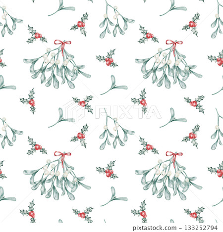 White seamless pattern featuring watercolor mistletoe and ribbons, hand drawn. Perfect for Christmas textiles, wallpapers, cards, gift wrap, or digital holiday paper sets. 133252794