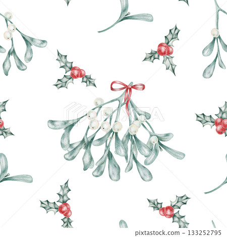 Seamless pattern with mistletoe, holly, and red bows in soft green tones, hand drawn watercolor clipart for Christmas cards, winter fabric design, wrapping paper, and digital projects. 133252795