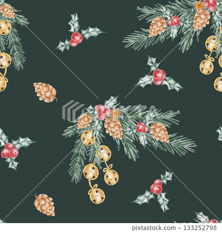 Dark background pattern with pinecones and golden bells, hand drawn watercolor clipart suitable for wrapping paper, festive textiles, packaging design, and winter branding materials. 133252798