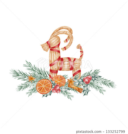 Traditional Yule straw goat with oranges and pine, painted in hand drawn watercolor clipart style perfect for Scandinavian Christmas cards, festive decor prints, and winter craft design. Traditional Yule straw goat with oranges and pine, painted in hand drawn watercolor clipart style perfect for Scandinavian Christmas cards, festive decor prints, and winter craft design. 133252799