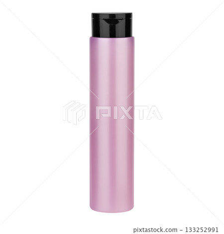 Hair shampoo in a pink bottle with a black cap isolated on white background Hair shampoo in a pink bottle with a black cap isolated on white background 133252991