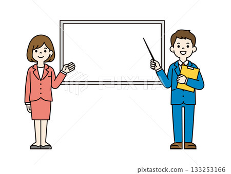 Full-body vector illustration of a businessman explaining with a whiteboard and a pointer_Color 133253166