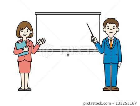 Full-body vector illustration of a male employee explaining with a screen and a pointer_Color Full-body vector illustration of a male employee explaining with a screen and a pointer_Color 133253167
