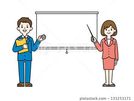 Full-body vector illustration of a female employee explaining with a screen and a pointer_Color 133253171