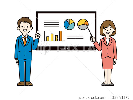 Online whiteboard and full-body vector illustration of a business person giving a presentation_color 133253172