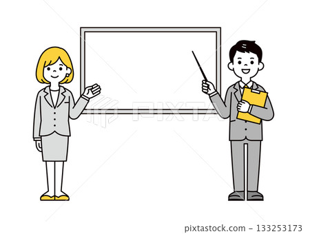 Full-body vector illustration of a young man and woman in a suit explaining with a whiteboard and a pointer Full-body vector illustration of a young man and woman in a suit explaining with a whiteboard and a pointer 133253173