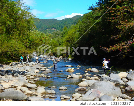 A quiet moment of fly fishing on a clear autumn day at Nishino River. 133253227