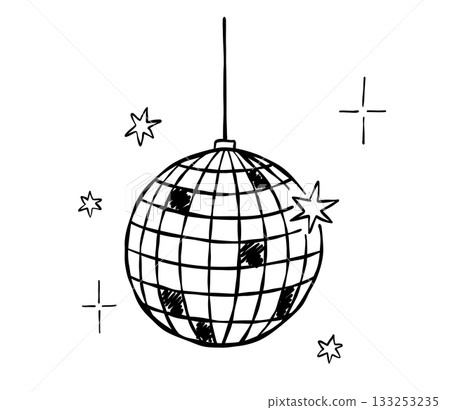 Linear disco ball. Hand drawn vector doodle illustration. Whimsical mirrorball, party sketch 133253235