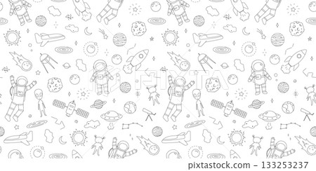 Seamless pattern with space doodles, line art. Hand drawn illustrations, repeating childish monochrome backdground 133253237