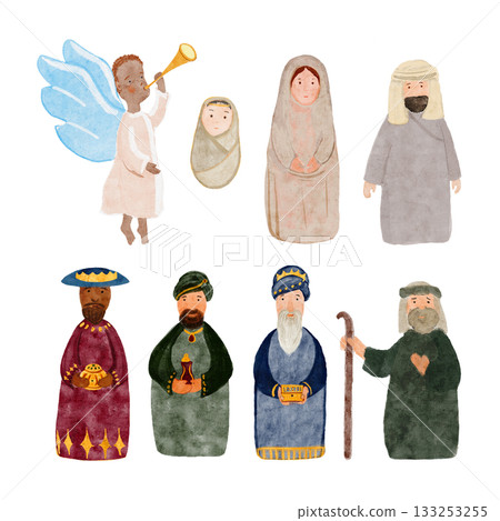 Mary, Joseph, baby Jesus, shepherd, and angel with trumpet. Watercolor nativity characters set isolated on white. Hand-painted clip art perfect for Christmas cards, decor, posters or religious art Mary, Joseph, baby Jesus, shepherd, and angel with trumpet. Watercolor nativity characters set isolated on white. Hand-painted clip art perfect for Christmas cards, decor, posters or religious art 133253255