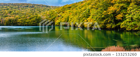 Panorama of autumn leaves at Tsutanuma Pond [Aomori City, Aomori Prefecture] 133253260