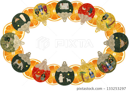 Christmas tree decorative ball with nativity scene and dry orange slices oval frame isolated on white in watercolor. Illustration for invitations, cards, Christmas, stickers, advent calendar, banners Christmas tree decorative ball with nativity scene and dry orange slices oval frame isolated on white in watercolor. Illustration for invitations, cards, Christmas, stickers, advent calendar, banners 133253297