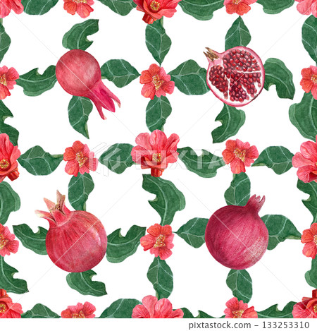 Pomegranate flowers, leaves and fruits watercolor seamless check pattern isolated on white. The hand-painted vibrant artwork perfect for botanical prints, wrapping paper, textile decor. Summer clip 133253310