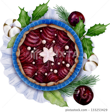 Watercolor illustration of a delicious Christmas pie, flowers, and branches Watercolor illustration of a delicious Christmas pie, flowers, and branches 133253429
