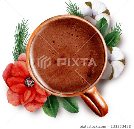 Watercolor Christmas cup with hot chocolate, leaves, a spruce branch, and a flower 133253458