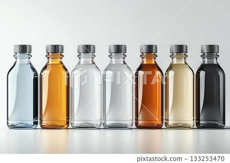 Commercial use. Shiny surfaces. Disinfectant glass bottles in a row. Mockup for branding cleaning product. 133253470