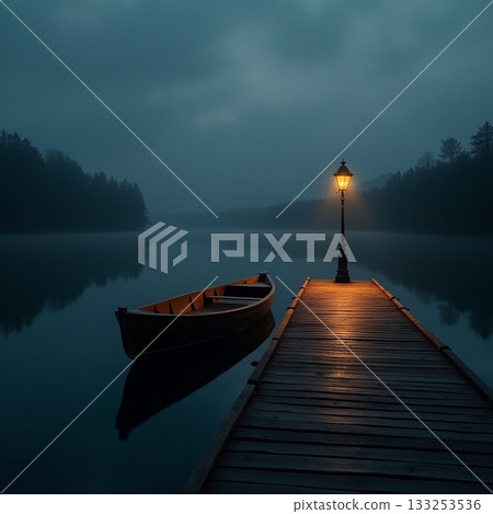Serene twilight at the lakeside dock with a lantern Generative AI 133253536