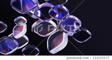 Abstract black 3d background with neon glass square plate shapes. Futuristic digital tech banner. Crystal holographic block pattern with purple blue gradient and red green lens flare. 3D illustration 133253577