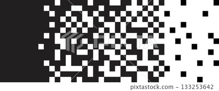 Dispersed pixels background with faded gradation effect. Random square shapes abstract pattern. Explosion, dissolvation, dissolution or defragmentation process concept. Vector graphic illustration 133253642