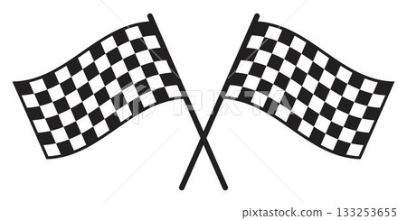 Crossed wavy signal race flags with checkered black and white print. Start or finish symbol on sport car competition. Karting, rally or motocross props. Vector graphic illustration 133253655