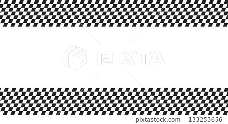 Top and bottom borders with rally flag or chess game board print in diagonal arrangement. Simple geometric background with empty space. Slanted black and white checkered pattern. Vector illustration 133253656