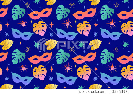 Seamless Mardi Gras and Carnival pattern with colorful masks, stars and monstera leaves 133253923