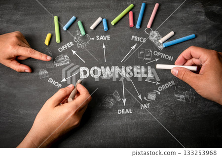 Downsell Concept. Illustration with icons, arrows and keywords on a black chalkboard background 133253968