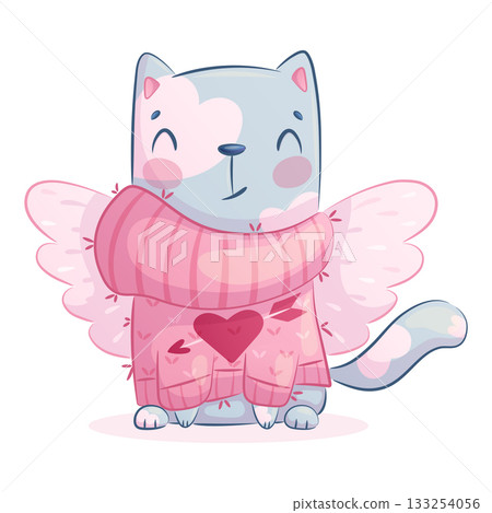 Cute cat with wings in a pink sweater on a white background. The concept of lovers, Valentine's day. Isolated cartoon children's vector illustration for the design of postcards, cards, stickers 133254056