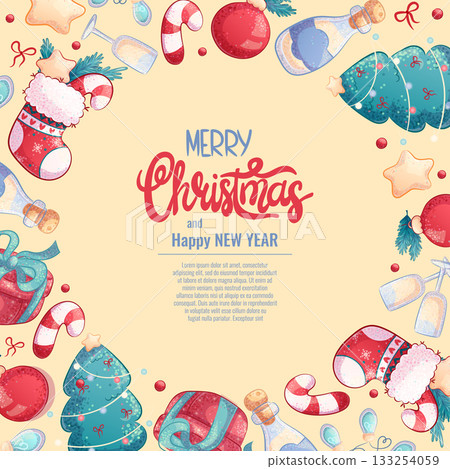 A colorful background for an invitation or greeting card for Christmas and new year. Gift box, Christmas tree, candy cane, garlandVector illustration for the design of postcard, banner, poster A colorful background for an invitation or greeting card for Christmas and new year. Gift box, Christmas tree, candy cane, garlandVector illustration for the design of postcard, banner, poster 133254059