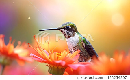 夕陽下閃耀著光芒的美麗蜂鳥 1 133254207