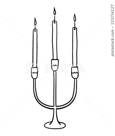 Classic three-armed candelabra holding tall burning candles. Hand drawn illustration in line style. 133254227