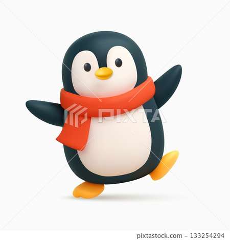 3D cartoon penguin in red scarf. 133254294