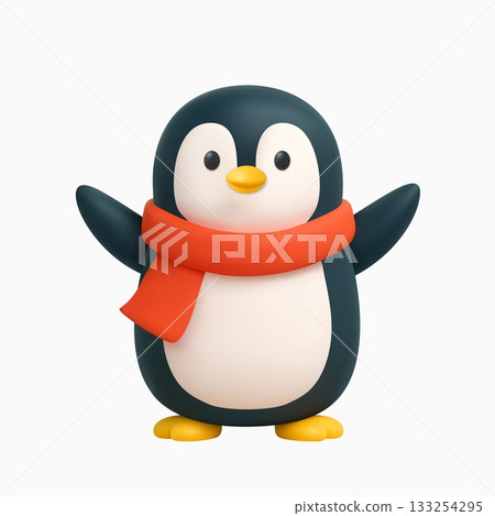 3D cartoon penguin in red scarf 133254295