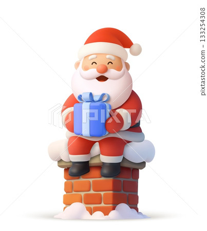 3D Santa Claus sitting on chimney with gift 3D Santa Claus sitting on chimney with gift 133254308