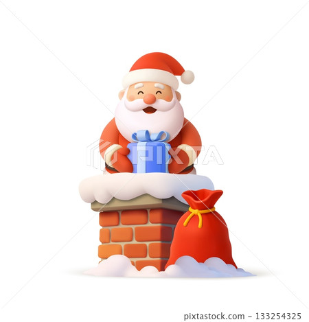 3D Santa Claus with gift on snowy chimney 3D Santa Claus with gift on snowy chimney 133254325
