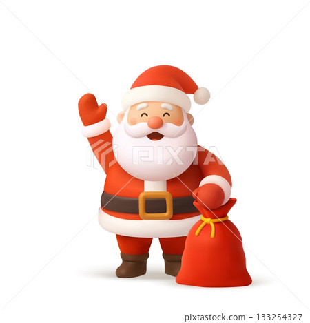3D Santa Claus waving with gift sack 3D Santa Claus waving with gift sack 133254327
