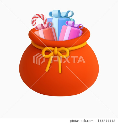 3D cartoon red gift sack with yellow bow 3D cartoon red gift sack with yellow bow 133254348