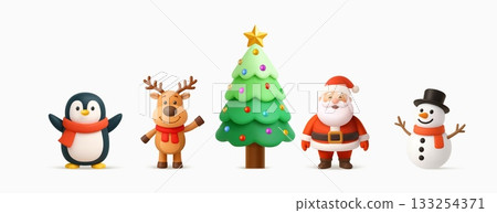 3d Christmas characters with decorated tree 133254371