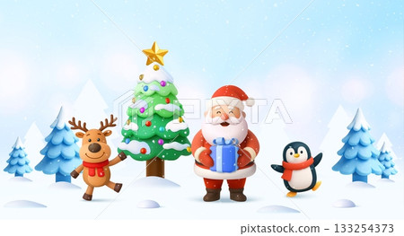 3D Christmas scene with Santa, reindeer and penguin 3D Christmas scene with Santa, reindeer and penguin 133254373
