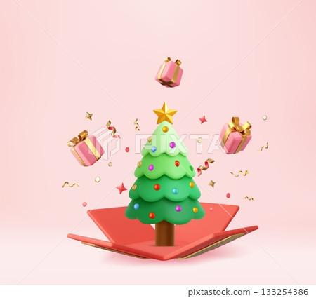 3D Christmas tree popping out of gift box. 133254386
