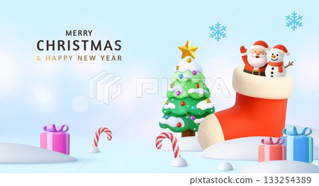 3D Christmas scene with Santa, snowman and stocking 3D Christmas scene with Santa, snowman and stocking 133254389