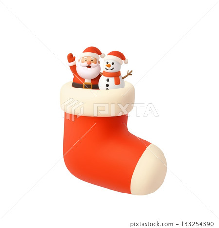 3D Santa and snowman inside Christmas stocking 3D Santa and snowman inside Christmas stocking 133254390