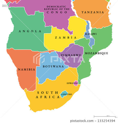 Southern Africa, multi colored political map. Southernmost region of the African continent. Map with international borders, and country names. Isolated illustration on white background. Vector Southern Africa, multi colored political map. Southernmost region of the African continent. Map with international borders, and country names. Isolated illustration on white background. Vector 133254394
