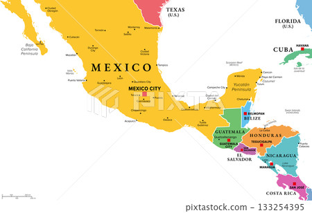Mesoamerica, multi colored political map. Historical region and cultural area in southern North America and Central America, from Mexico to Costa Rica, where pre Columbian societies flourished. Vector Mesoamerica, multi colored political map. Historical region and cultural area in southern North America and Central America, from Mexico to Costa Rica, where pre Columbian societies flourished. Vector 133254395