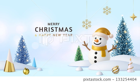 3D Snowman Christmas Scene with Trees and Ornaments 133254404