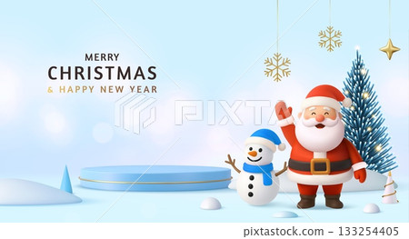 3D Santa and snowman Christmas greeting scene 133254405